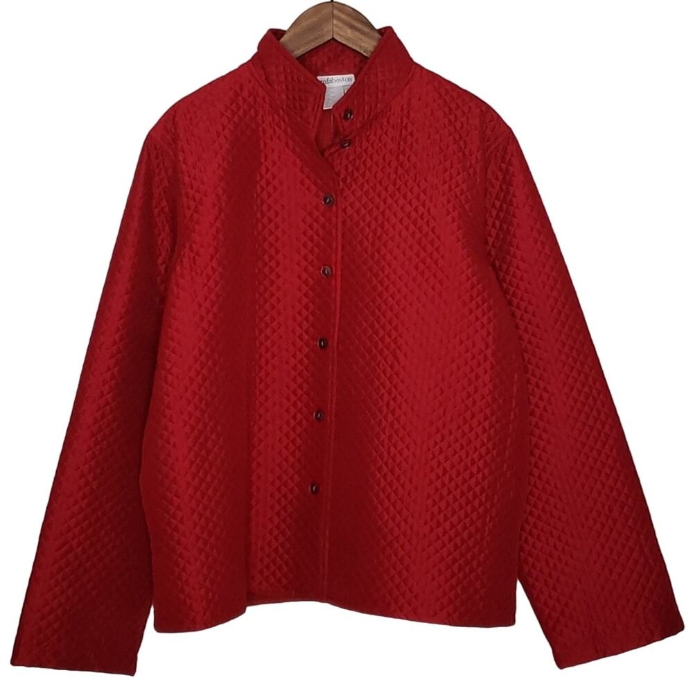 mfa boston !00% Silk Red Quilted Stand Up Collar Jacket Size XL NWOT